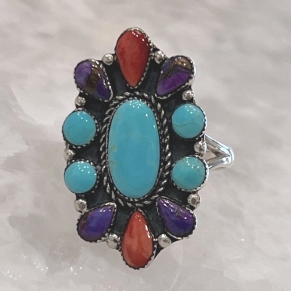 Santa Fe Style Multi Turquoise Elongated Sterling Silver Split Band Ring